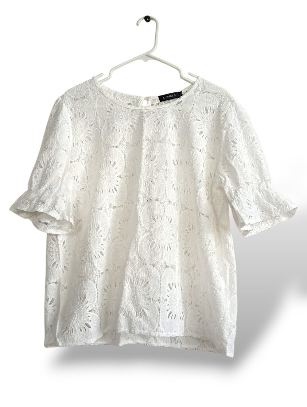 Luxveer White Lace Eyelet Ruffle-Sleeve Blouse Cut Femme Short Sleeve Plus Cute